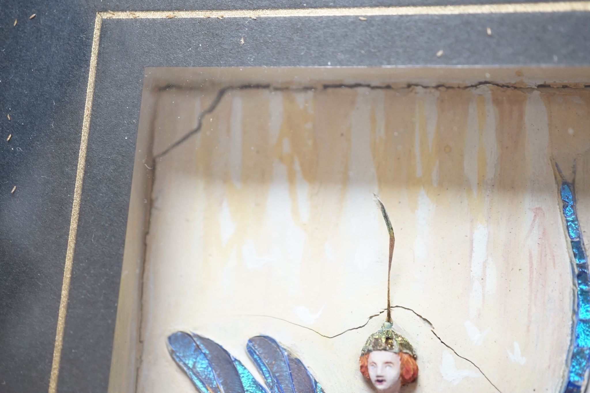 A pair of morpho butterfly wing nymph diorama, signed Gaydon King, Pat. App. For 19907/29, c.1930, 10.5 cms wide x 17.5 cms high. (not including mount or frame).